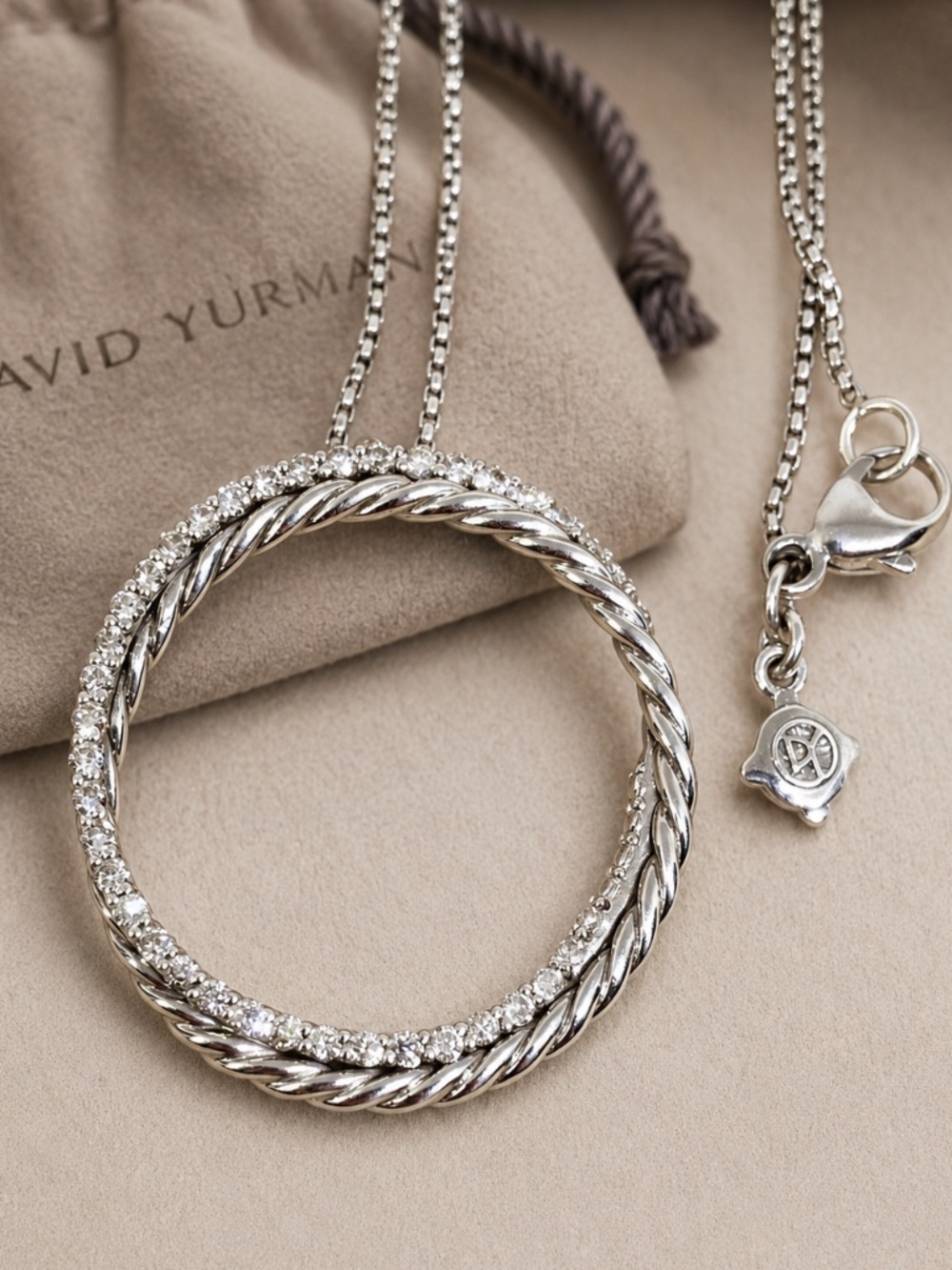 David Yurman Cossover Infinity Circle Diamond Necklace 14kw Gold & Sterling 17”